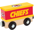 Load image into Gallery viewer, A wooden toy train car designed like a Kansas City Chiefs box car, featuring a yellow top, a red side panel with yellow 'CHIEFS' lettering, a light natural wood base, and black wheels.
