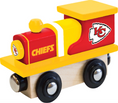 Load image into Gallery viewer, A wooden toy train car featuring the Kansas City Chiefs team colors, with a red body, yellow accents, a white and red Chiefs logo, and black wheels on a light wood base.
