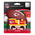 Load image into Gallery viewer, Kansas City Chiefs NFL toy train engine in retail blister packaging, featuring a small wooden train with red, yellow, and cream colors and matching Chiefs logos, with a football graphic behind it on the card.
