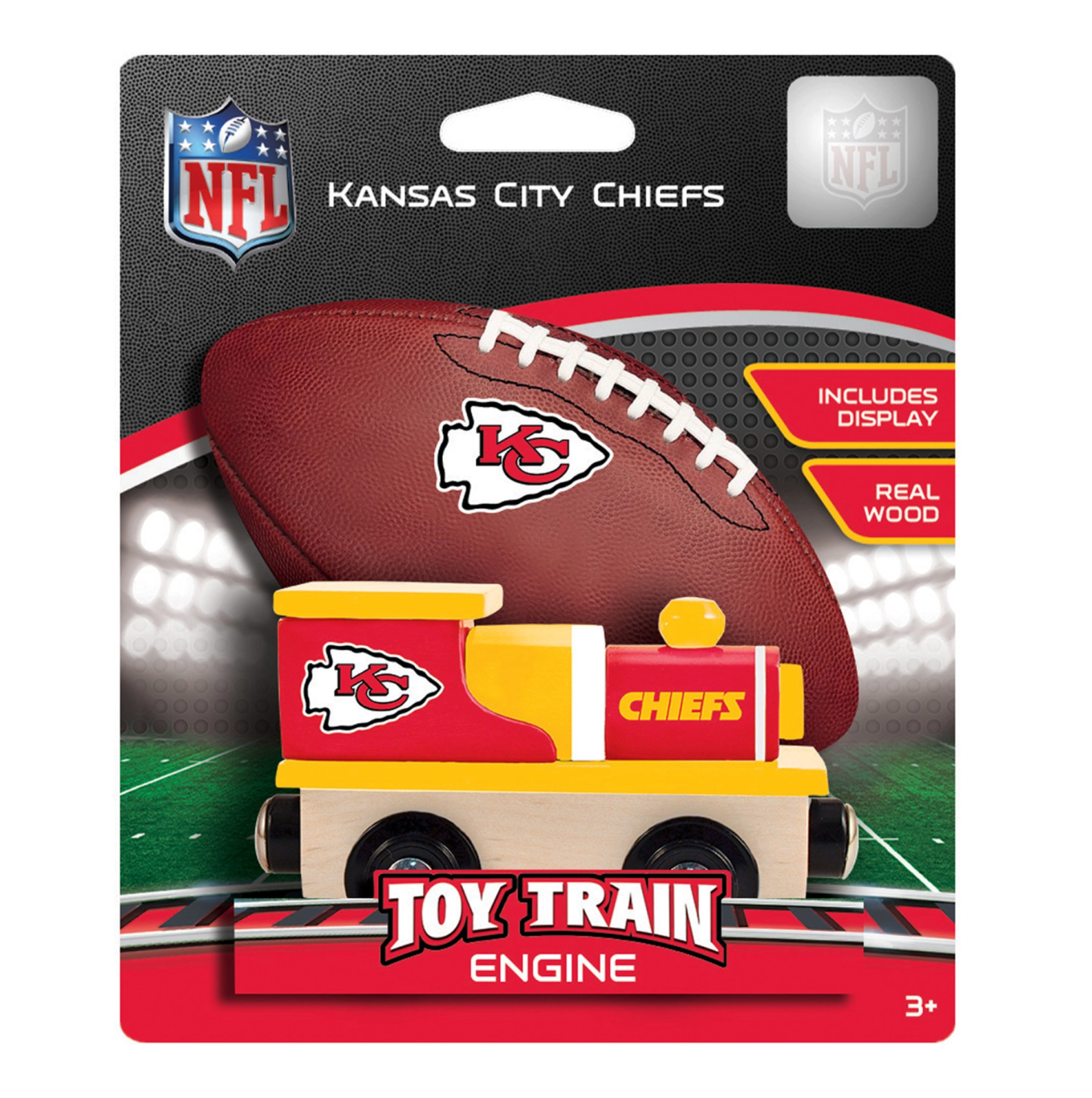 Kansas City Chiefs NFL toy train engine in retail blister packaging, featuring a small wooden train with red, yellow, and cream colors and matching Chiefs logos, with a football graphic behind it on the card.