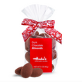 Load image into Gallery viewer, A 3 oz bag of Andre's Dark Chocolate Almonds, featuring a clear plastic bag filled with chocolate-covered almonds, tied with a red and white patterned ribbon, and labeled with a red front tag.
