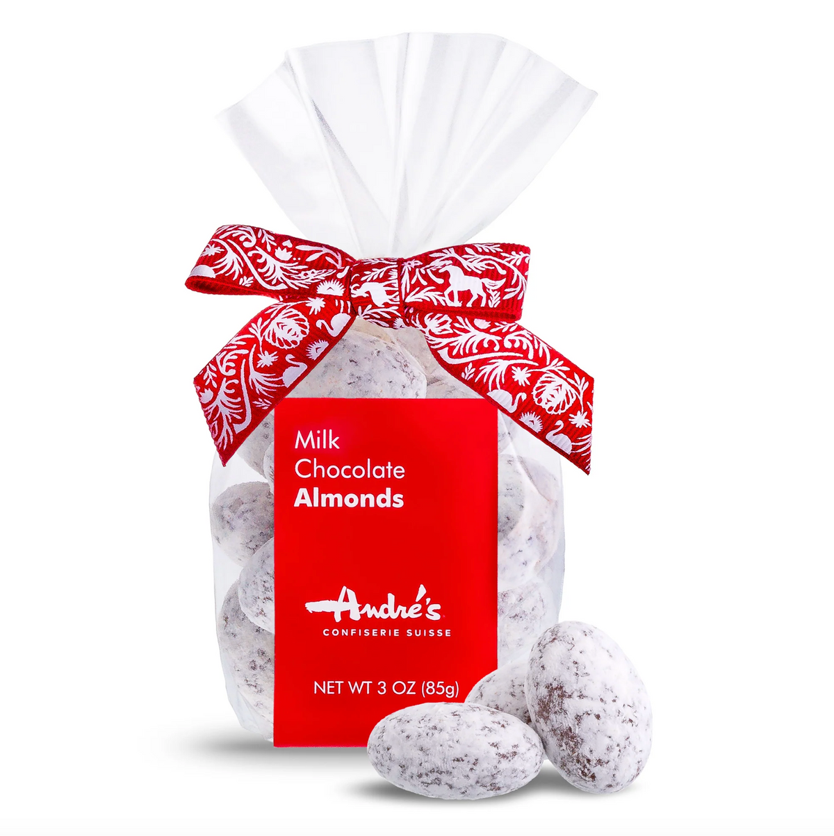 A bag of Andre's Milk Chocolate Almonds on a white background, featuring a red and white patterned bow and a red label.
