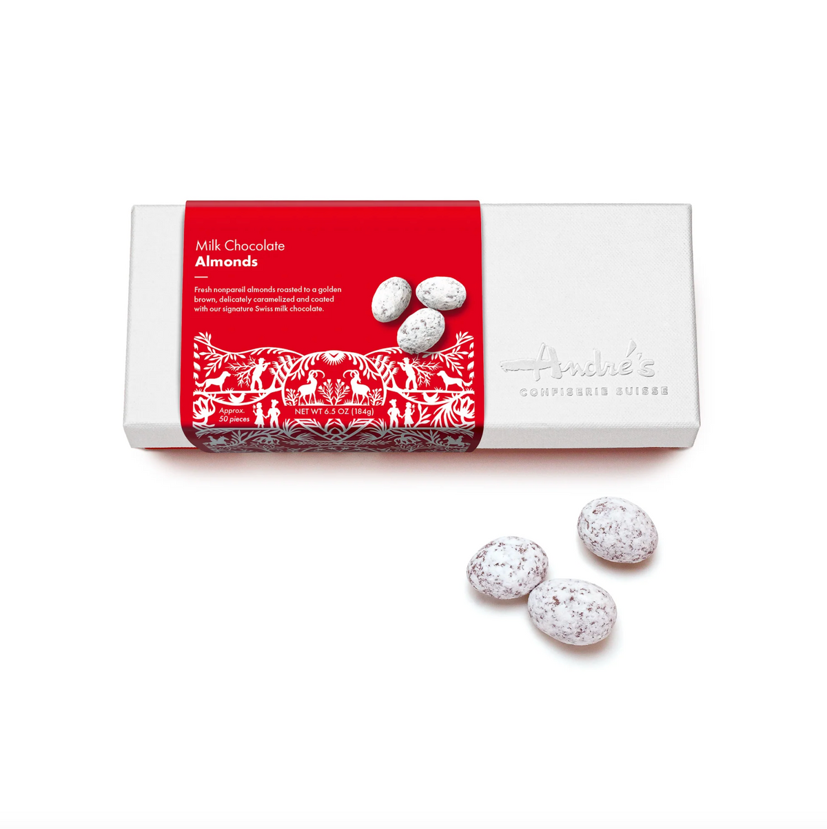 A white rectangular box of André's Confiserie Suisse Milk Chocolate Almonds with a bold red label, shown on a clean white background with three chocolate almonds placed in front.
