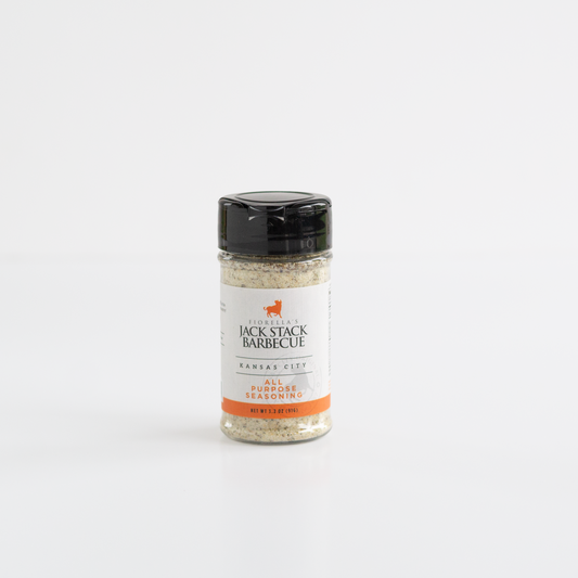 A 3.2 oz bottle of Jack Stack Barbecue Kansas City All Purpose Seasoning on a clean white background.