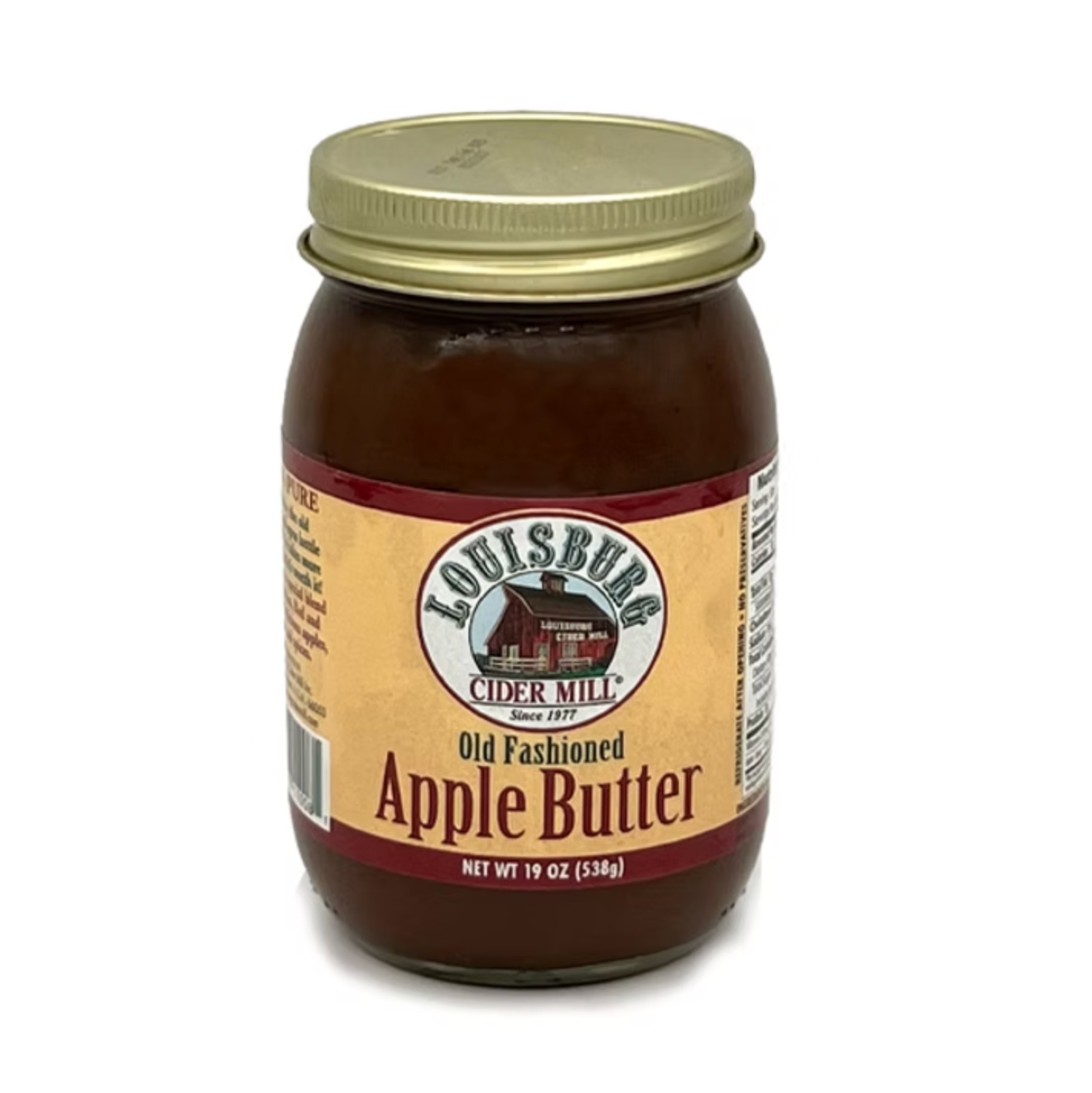 A glass jar of Louisburg Cider Mill Old Fashioned Apple Butter with a gold metal lid and a beige label, shown on a white background.