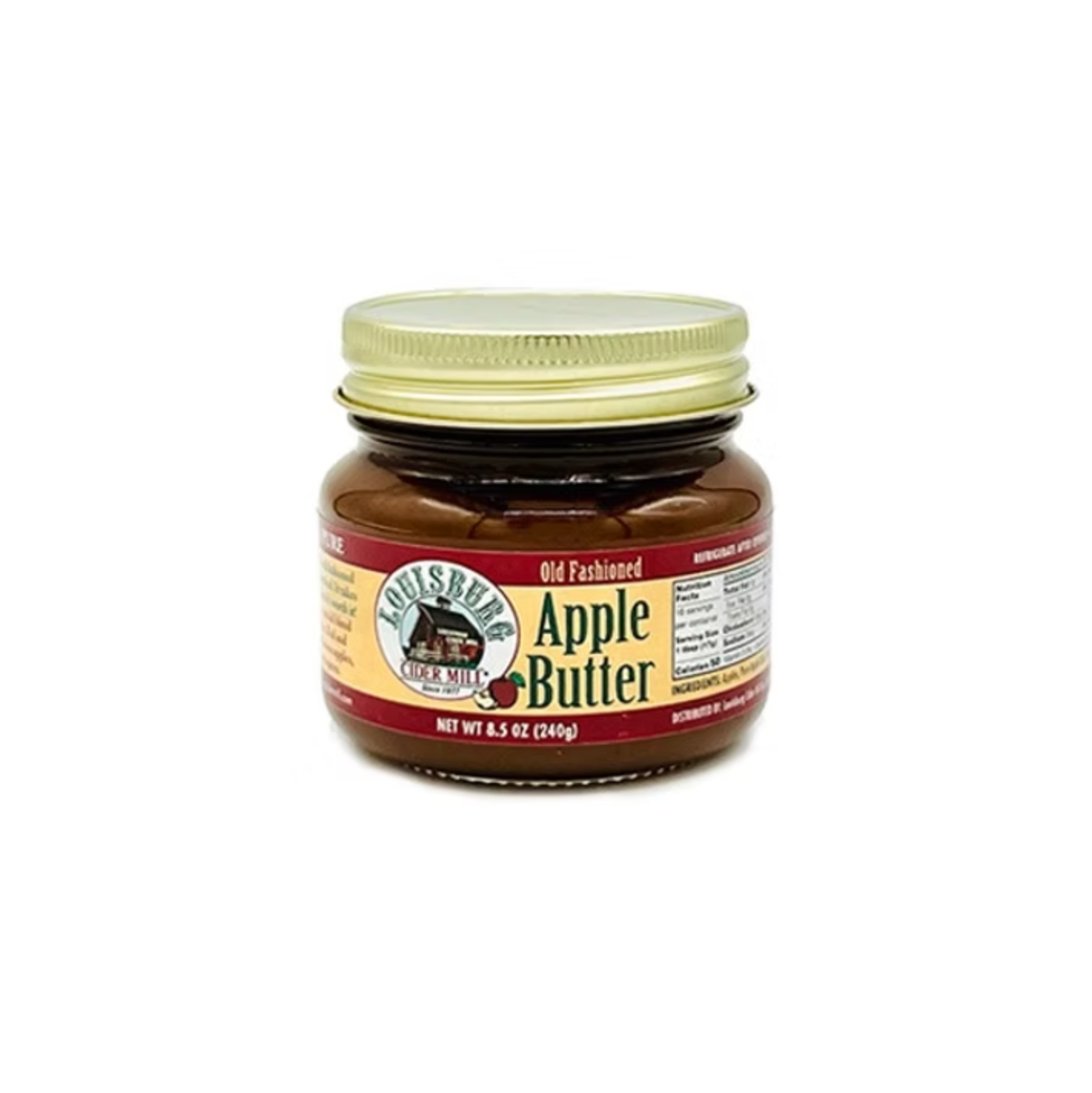 A jar of Louisburg Cider Mill Old Fashioned Apple Butter with a gold metal lid and a red and beige label, shown on a plain white background.