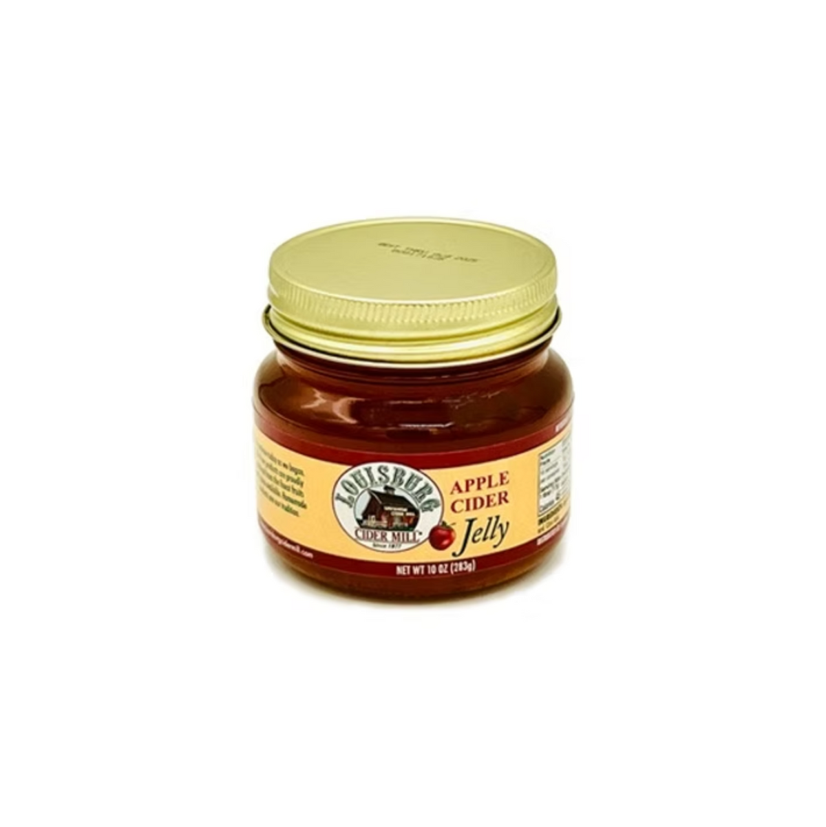 A jar of Louisburg Cider Mill Apple Cider Jelly with a gold metal lid and a cream-colored label, shown on a plain white background.