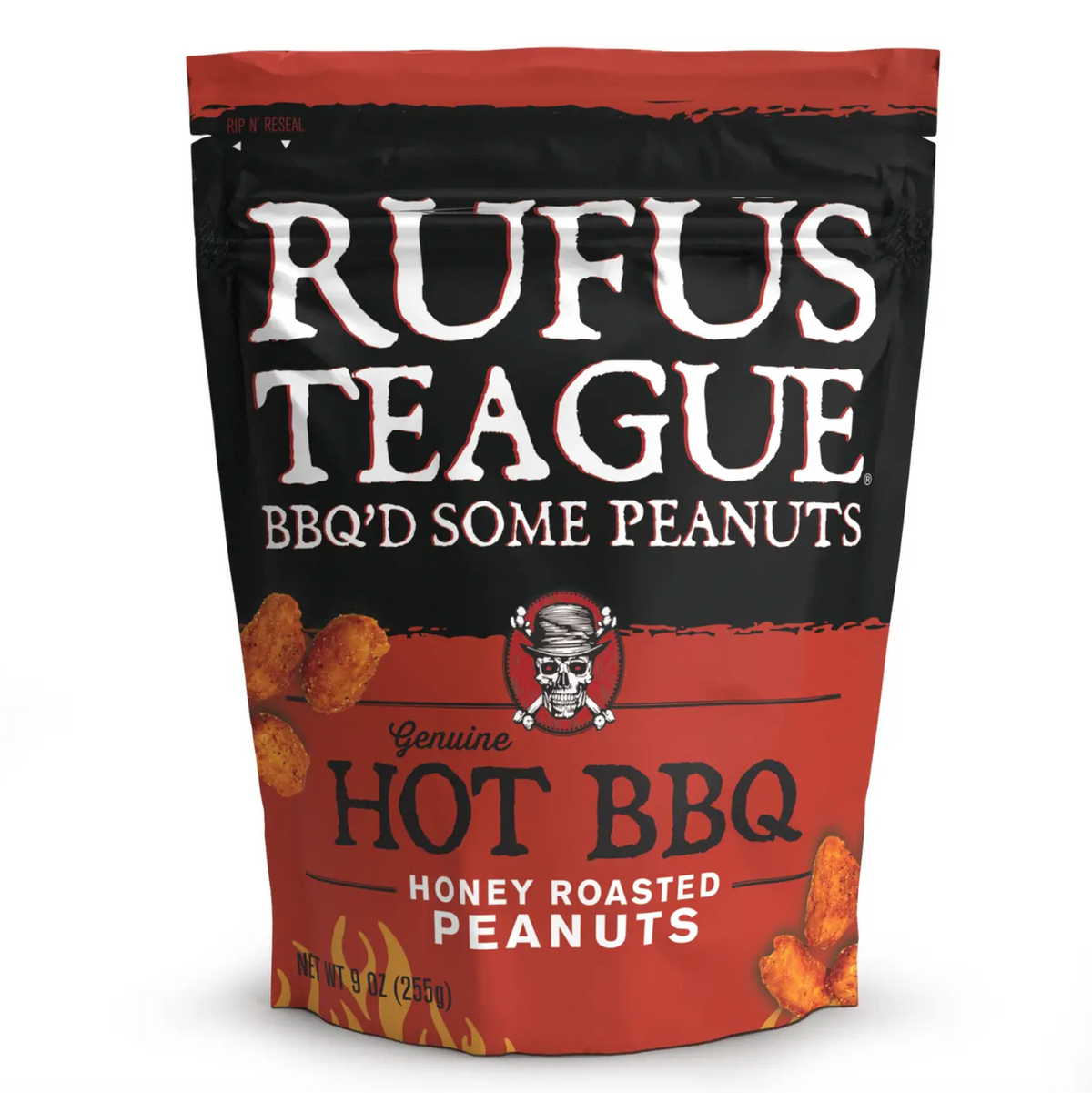 A stand-up pouch of Rufus Teague BBQ'd Some Peanuts, Hot BBQ Honey Roasted Peanuts, 9 oz. The packaging features a black top half with white text and a red bottom half with orange flames and peanut illustrations.