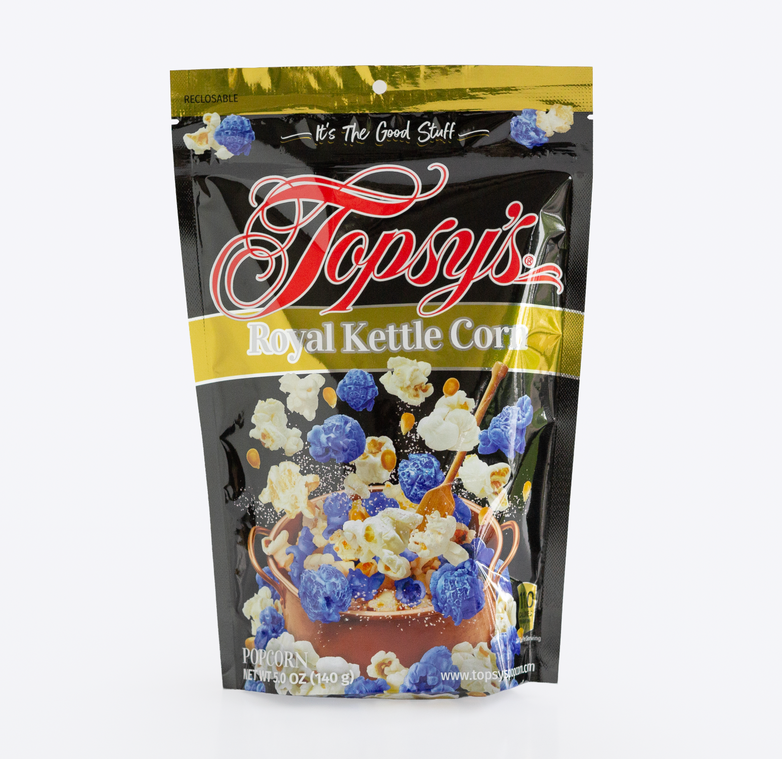 A bag of Topsy's Royal Kettle Corn on a plain white background. The packaging is primarily black with gold bands, red script branding, and a graphic showing blue and white popcorn.