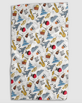 Load image into Gallery viewer, A rectangular kitchen towel with a white background and a colorful repeating pattern of Kansas City monuments, cocktail glasses, saxophones, BBQ sauce bottles, and the text 'KC'.

