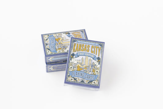 Kansas City Playing Cards deck with a second and third deck stacked behind it on a clean white background.