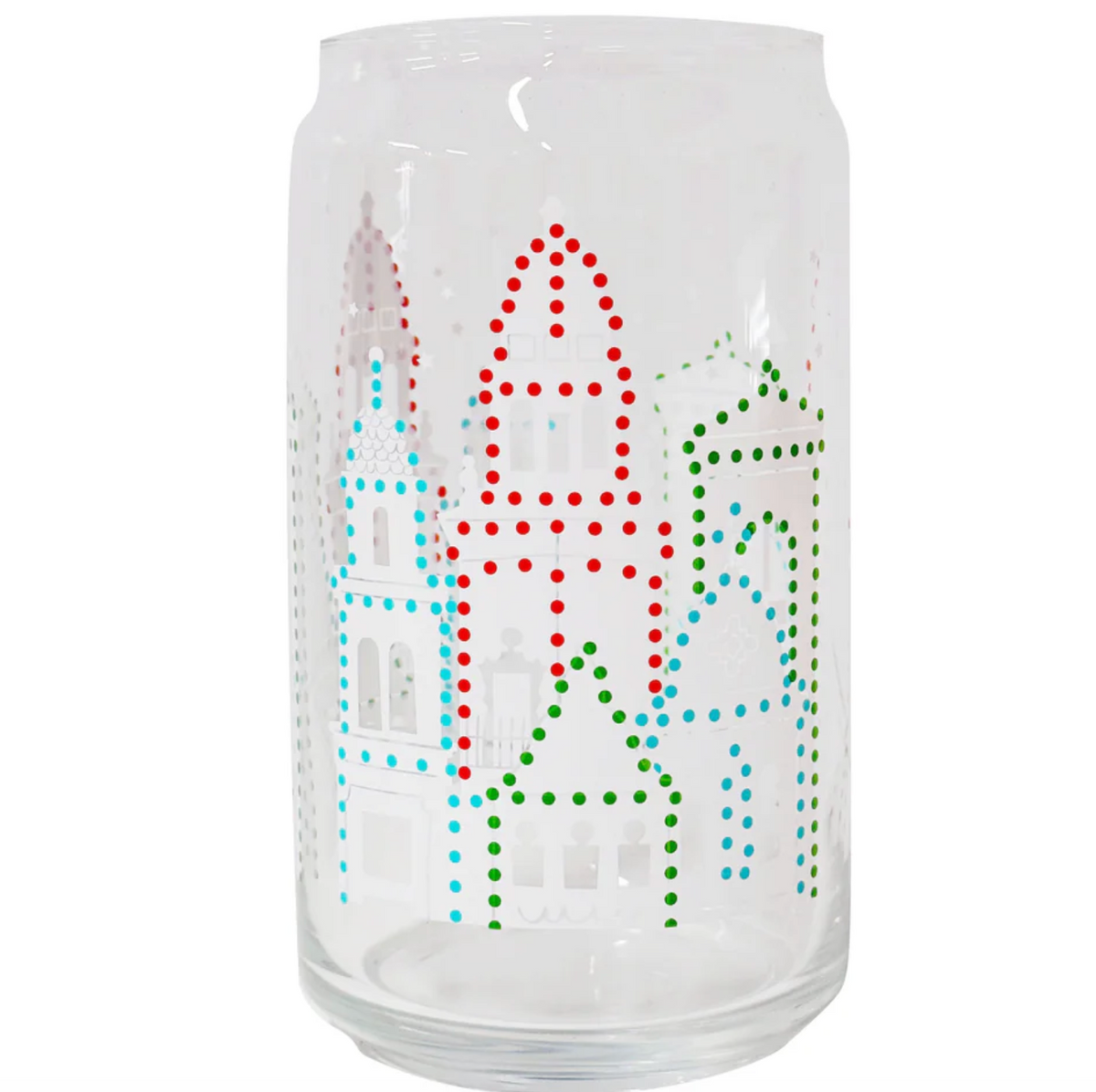 A clear glass can-shaped tumbler featuring a dotted architectural pattern of the Kansas City Country Club Plaza Holiday Lights in red, green, and light blue on a white background.