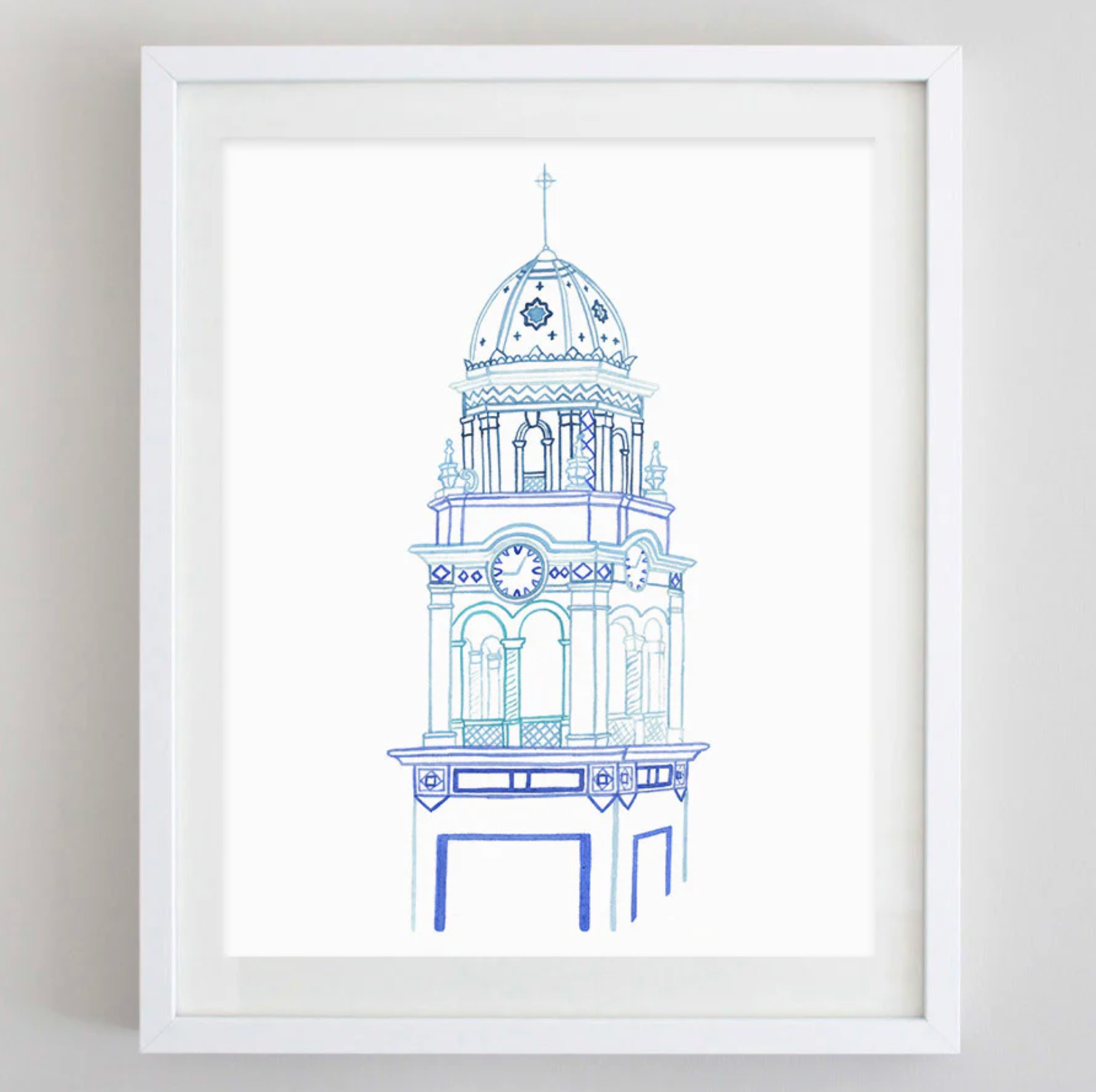 A framed art print featuring a blue architectural line drawing of a tower on a white background, enclosed in a white frame.