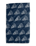 Load image into Gallery viewer, A rectangular navy blue towel or cloth featuring a repeating white pattern of shuttlecocks, shown flat against a white background.
