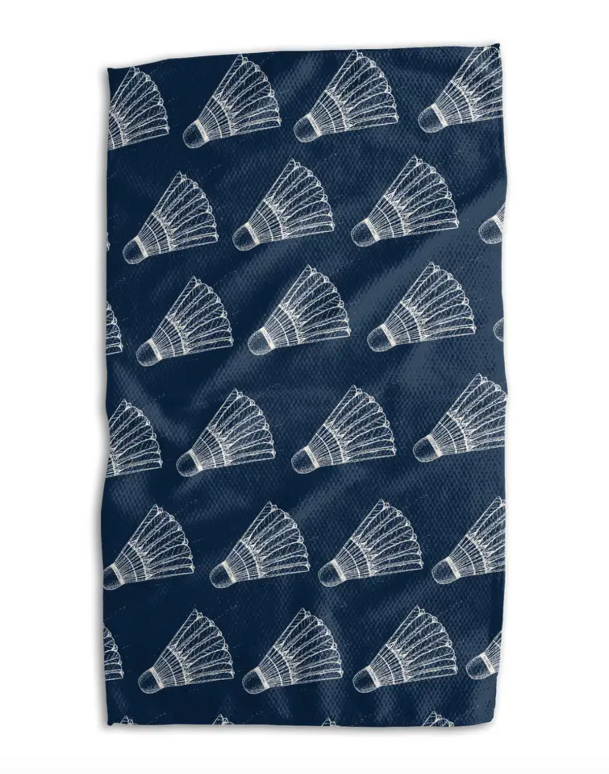 A rectangular navy blue towel or cloth featuring a repeating white pattern of shuttlecocks, shown flat against a white background.