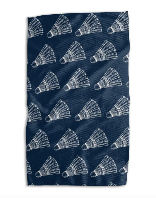 A rectangular navy blue towel or cloth featuring a repeating white pattern of shuttlecocks, shown flat against a white background.