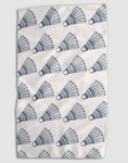 Load image into Gallery viewer, A rectangular white towel or cloth featuring a repeating pattern of blue hand-drawn shuttlecocks, shown flat against a light gray background.
