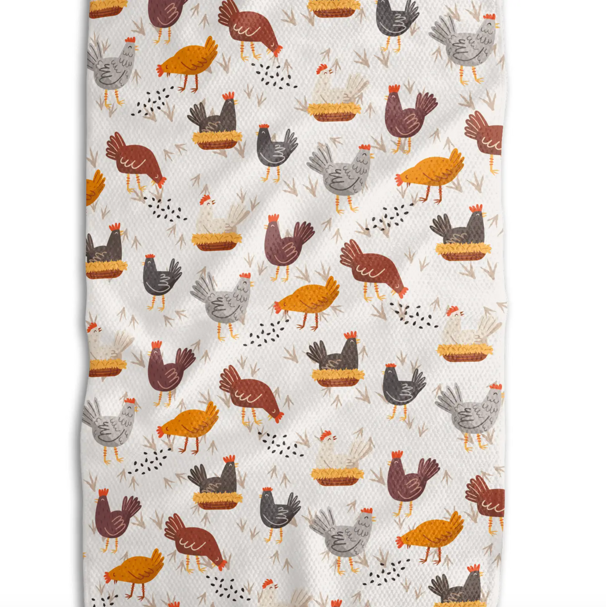 Kitchen Tea Towel with chickens in white, gray, brown, and black. This is the back of the double-sided Kansas Farm towel by Absorb-Lumen