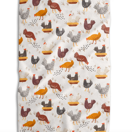 Kitchen Tea Towel with chickens in white, gray, brown, and black. This is the back of the double-sided Kansas Farm towel by Absorb-Lumen