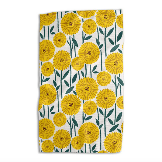 Kitchen Tea Towel with Yellow Flowers. This is the front of the double-sided Kansas Farm towel by Absorb-Lumen