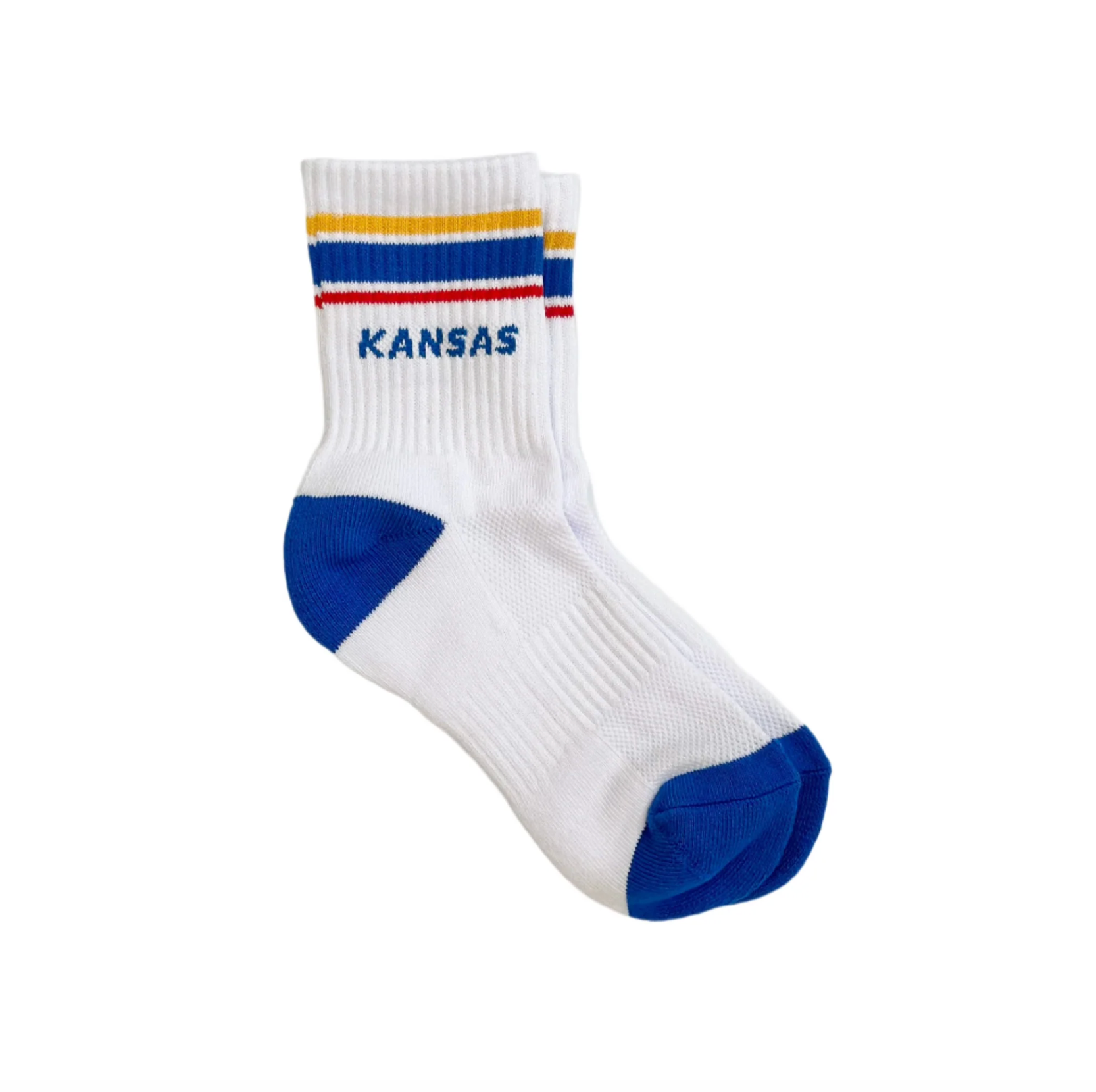 White Crew socks with Blue, Red, and Yellow Stripes, and a blue heel and toe. Features the word "KANSAS" just below the stripes. 