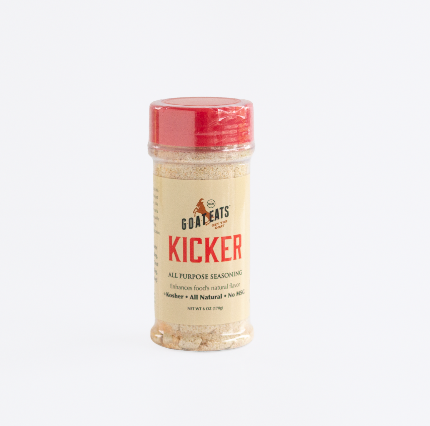 A clear plastic bottle of all purpose seasoning from Goat Eats with a red cap and red design on the label.