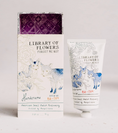 Load image into Gallery viewer, Library of Flowers Forget Me Not Handcreme set, featuring a white box with blue watercolor deer, a white squeeze tube with blue deer illustration, and a purple patterned inner lid, displayed on a white background.
