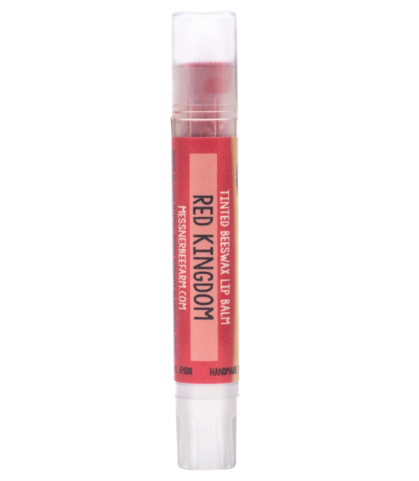 A single tube of Messner Bee Farm 'Red Kingdom' tinted beeswax lip balm on a plain white background.
