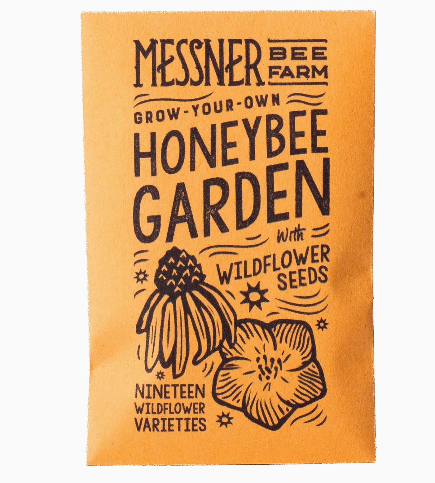 A yellow-orange packet of wildflower seeds to grow your own honeybee garden with wildflower seed varieties