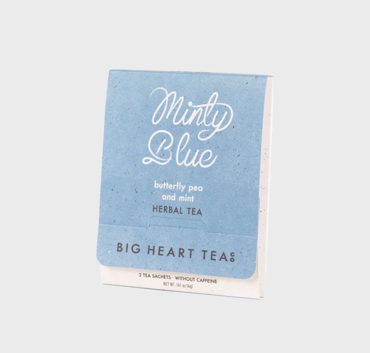 A pack of Big Heart Tea's 'Minty Blue' herbal tea sachets, featuring a textured light blue cover with white script lettering, shown on a neutral light gray background.