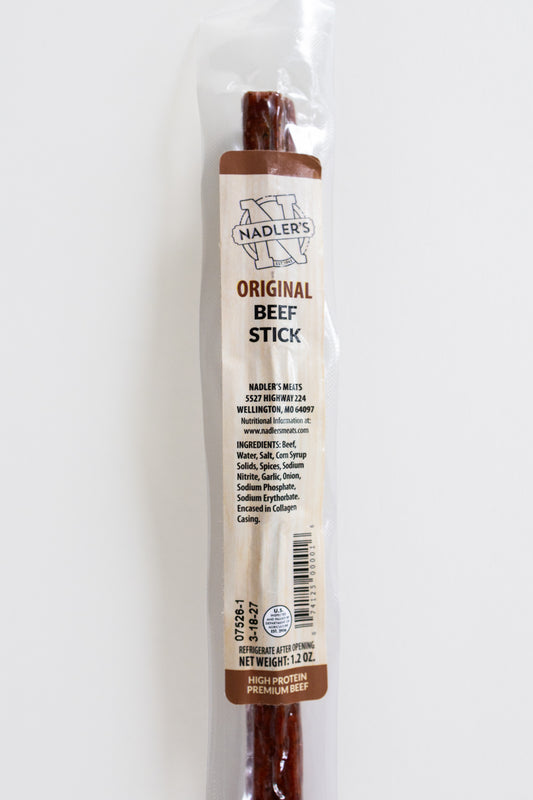 A packaged beef stick from Nadler's, sealed in clear plastic packaging against a plain white background.