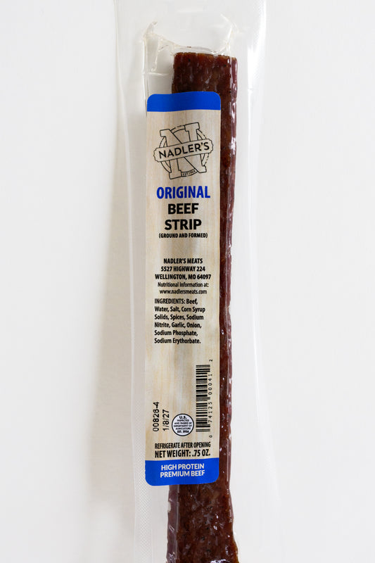 A single packaged beef strip snack on a plain white background. The product is sealed in a clear plastic bag with a white paper label that reads 'Nadler's Original Beef Strip' with blue accent bands.