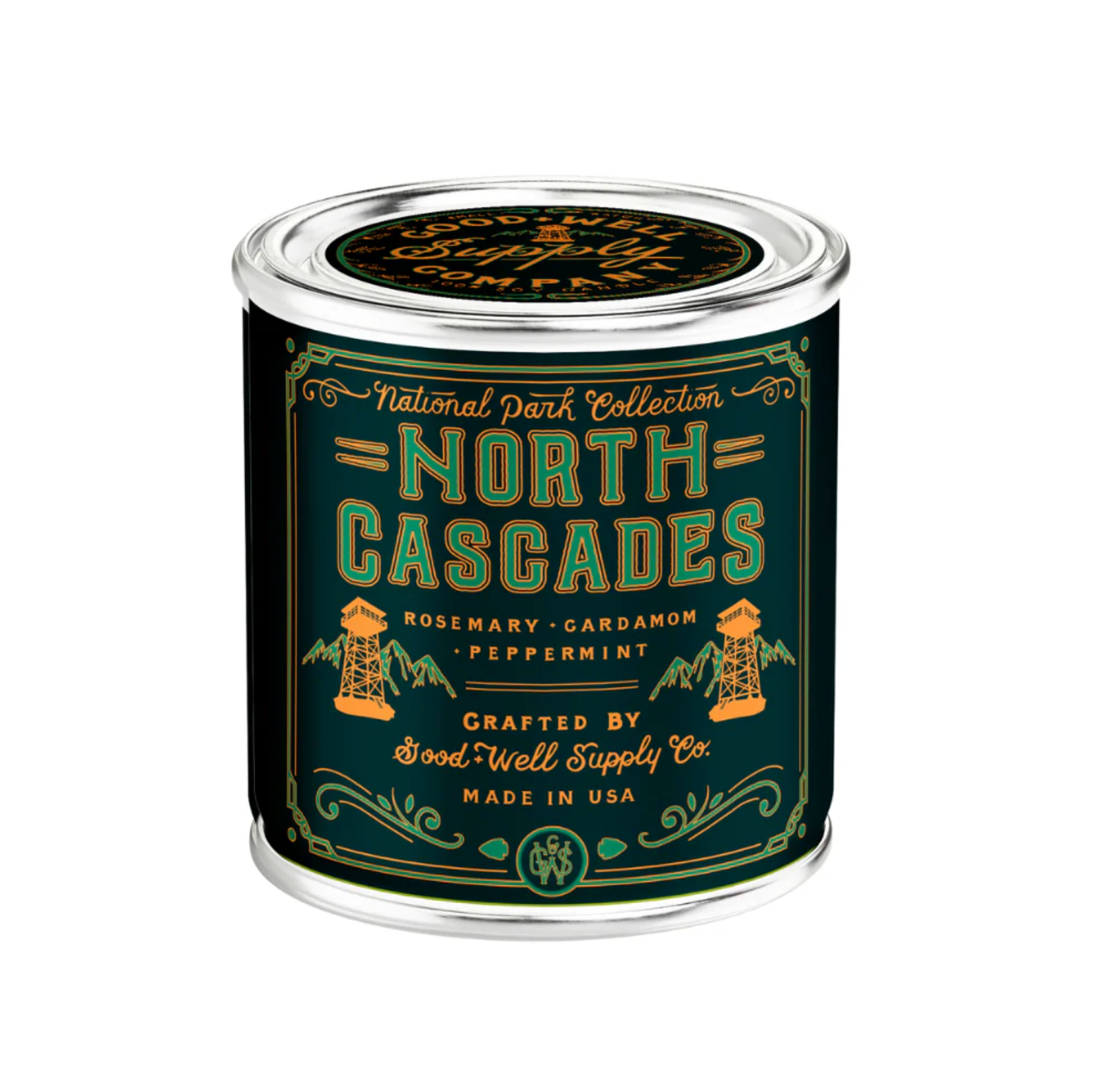 A tin of Good Well Supply Co. North Cascades Rosemary, Cardamom, Peppermint Candle from the National Park Collection, shown on a plain white background.