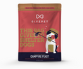 Load image into Gallery viewer, A stand-up pouch of GivePet Campfire Feast dog treats on a plain white background. The package is primarily red with a dark navy band at the bottom, gold text reading 'THIS BAG GIVES TO SHELTER DOGS,' and an illustration of a white dog wearing a hat and holding a treat net.
