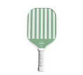 Load image into Gallery viewer, A pickleball paddle featuring vertical mint green and white stripes on the face, with a white wrapped handle and the 'Nettie' brand logo printed near the base of the paddle.
