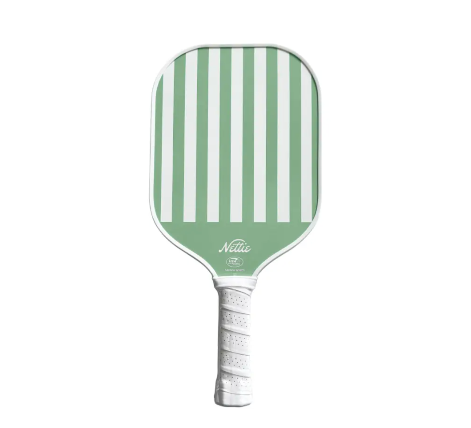 A pickleball paddle featuring vertical mint green and white stripes on the face, with a white wrapped handle and the 'Nettie' brand logo printed near the base of the paddle.
