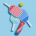 Load image into Gallery viewer, Three pickleball paddles with red, white, blue, and mint green striped patterns, a yellow pickleball, and a red pickleball tube on a light blue background.

