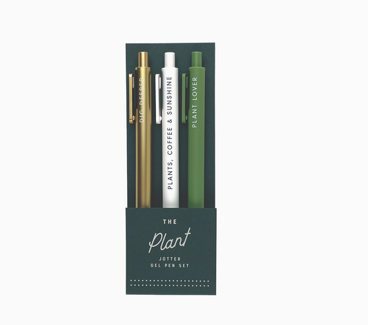 3 piece Gel Pen Set in gold, white, and green, in green packaging that reads "The Plant Jotter Gel Pen Set." The pens have messages on each of them, reading "Dig Deeper", "Plants, Coffee & Sunshine", and "Plant Lover"
