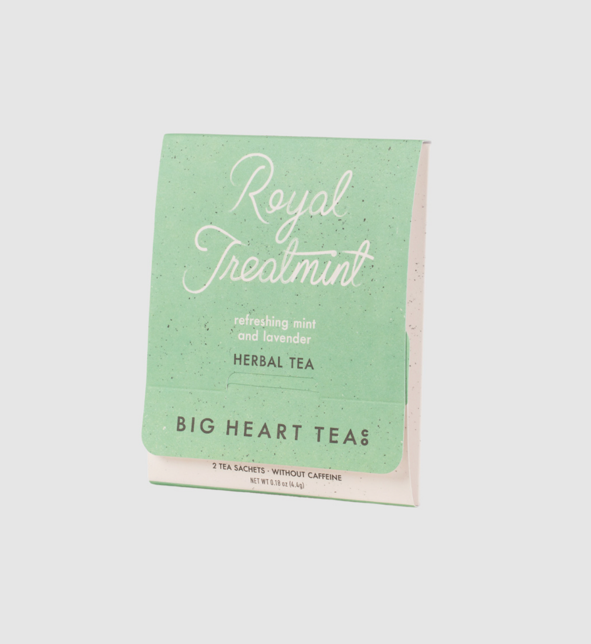 A package of Big Heart Teas Royal Treatmint herbal tea, featuring a mint green textured box with white script lettering on a light gray background.