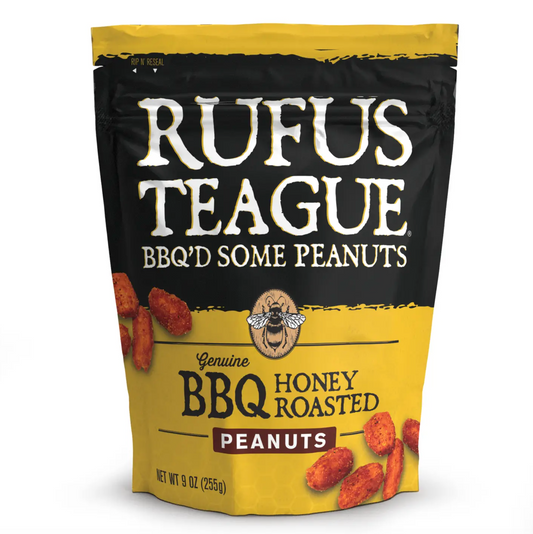 Rufus Teague BBQ Honey Roasted Peanuts in a 9oz bag with yellow packaging. 