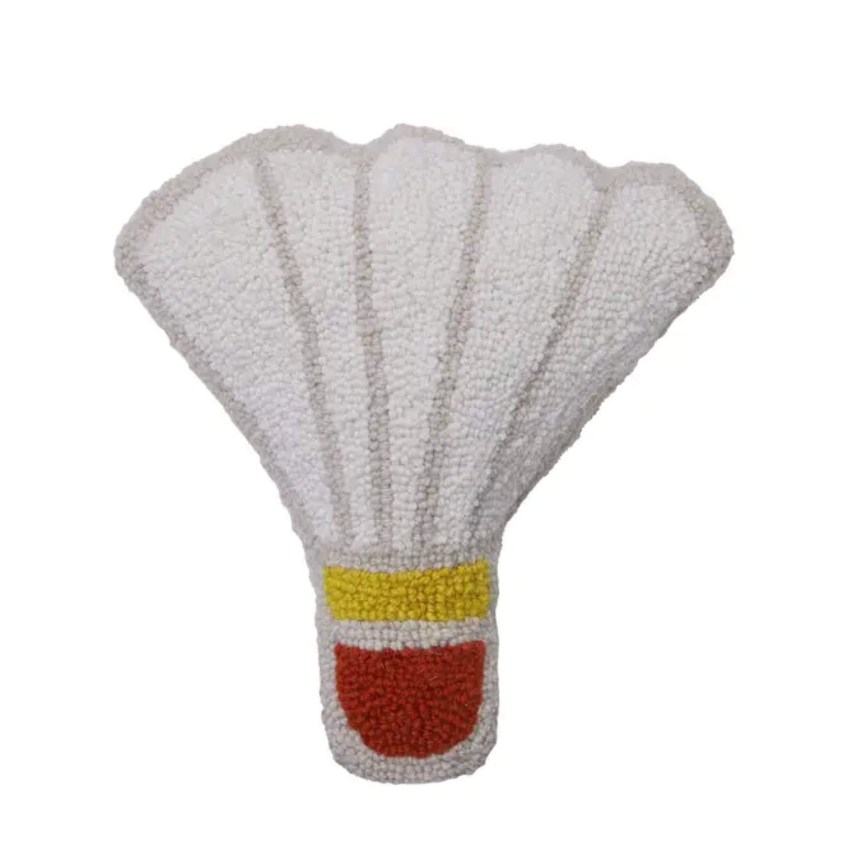 A Hook Pillow shaped like a badminton birdie shuttlecock in white with yellow and orange accents. 