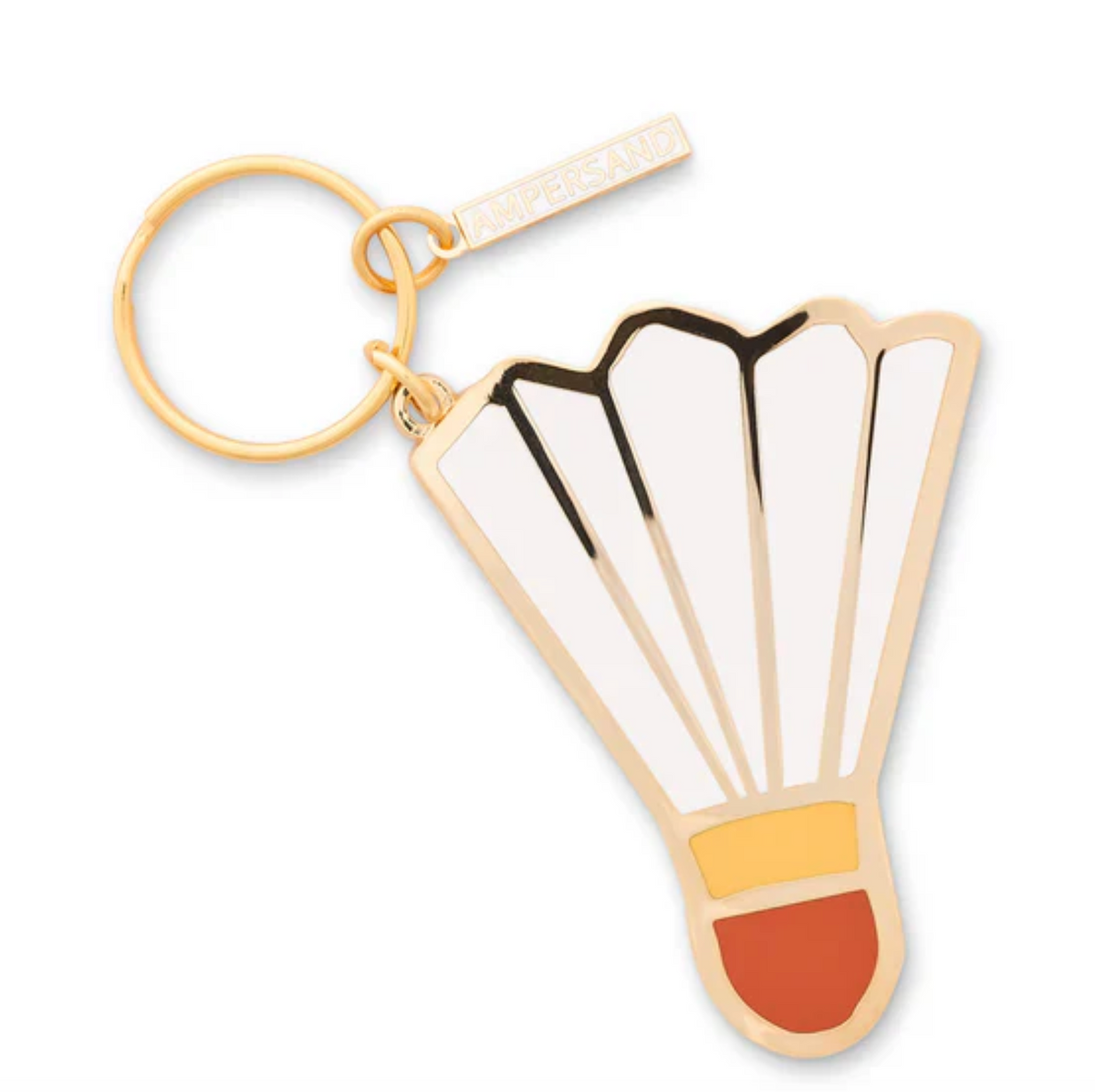 Gold Shuttlecock Keychain from Ampersand Studio, featuring a gilded outline on the shuttlecock and the iconic white, yellow, orange color scheme.