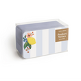 Load image into Gallery viewer, A clear plastic box of Inklings Pocket Notes with a light blue and white striped design, featuring a yellow lemon and peach flower illustration on the front, set against a plain white background.
