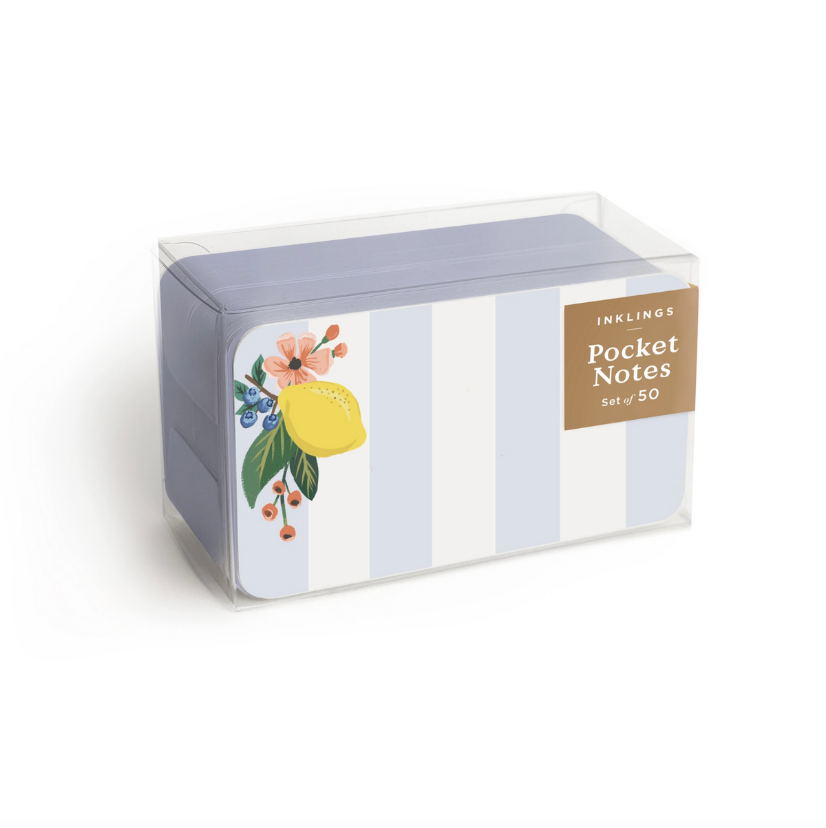 A clear plastic box of Inklings Pocket Notes with a light blue and white striped design, featuring a yellow lemon and peach flower illustration on the front, set against a plain white background.