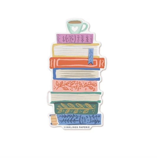 A die-cut sticker featuring an illustration of a stack of colorful books topped with a mint green coffee cup, shown on a plain white background. The brand name '©INKLINGS PAPIERIE' is printed along the bottom edge of the sticker.