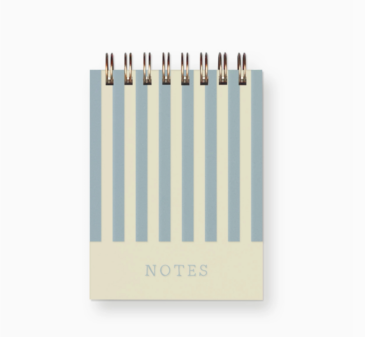 A spiral-bound notebook with vertical stripes in dusty blue and cream, featuring a solid cream cover at the bottom with the word 'NOTES' printed in a subtle serif font.
