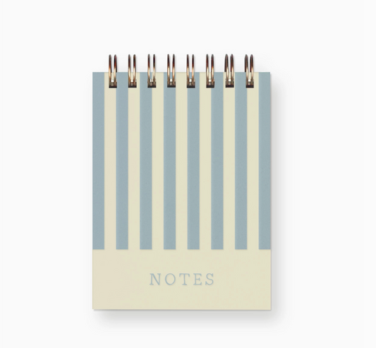 A spiral-bound notebook with vertical stripes in dusty blue and cream, featuring a solid cream cover at the bottom with the word 'NOTES' printed in a subtle serif font.