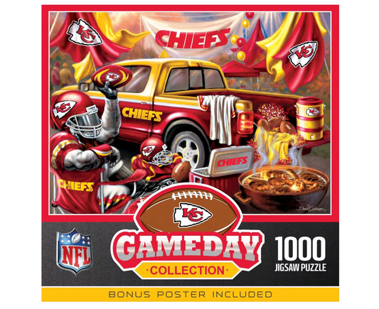 NFL Gameday Collection 1000-piece jigsaw puzzle box featuring a colorful Kansas City Chiefs themed illustration with a truck, football player, bowl, and 'Gameday Collection' branding.