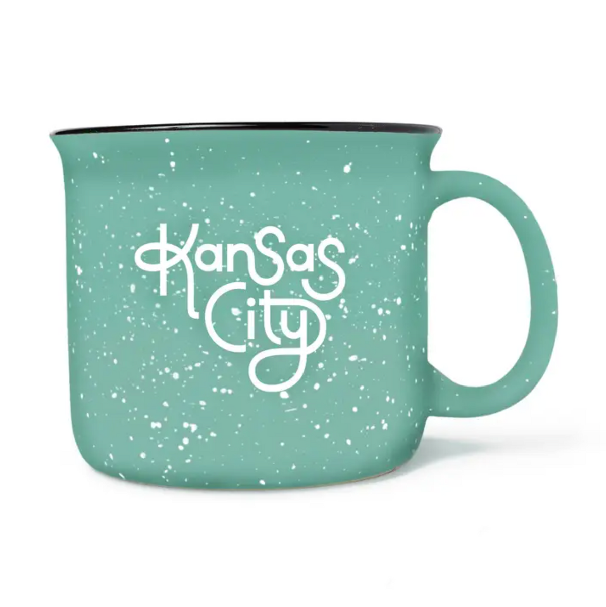 A mint green speckled enamel-style mug with a white 'Kansas City' script on the front, shown on a clean white background.