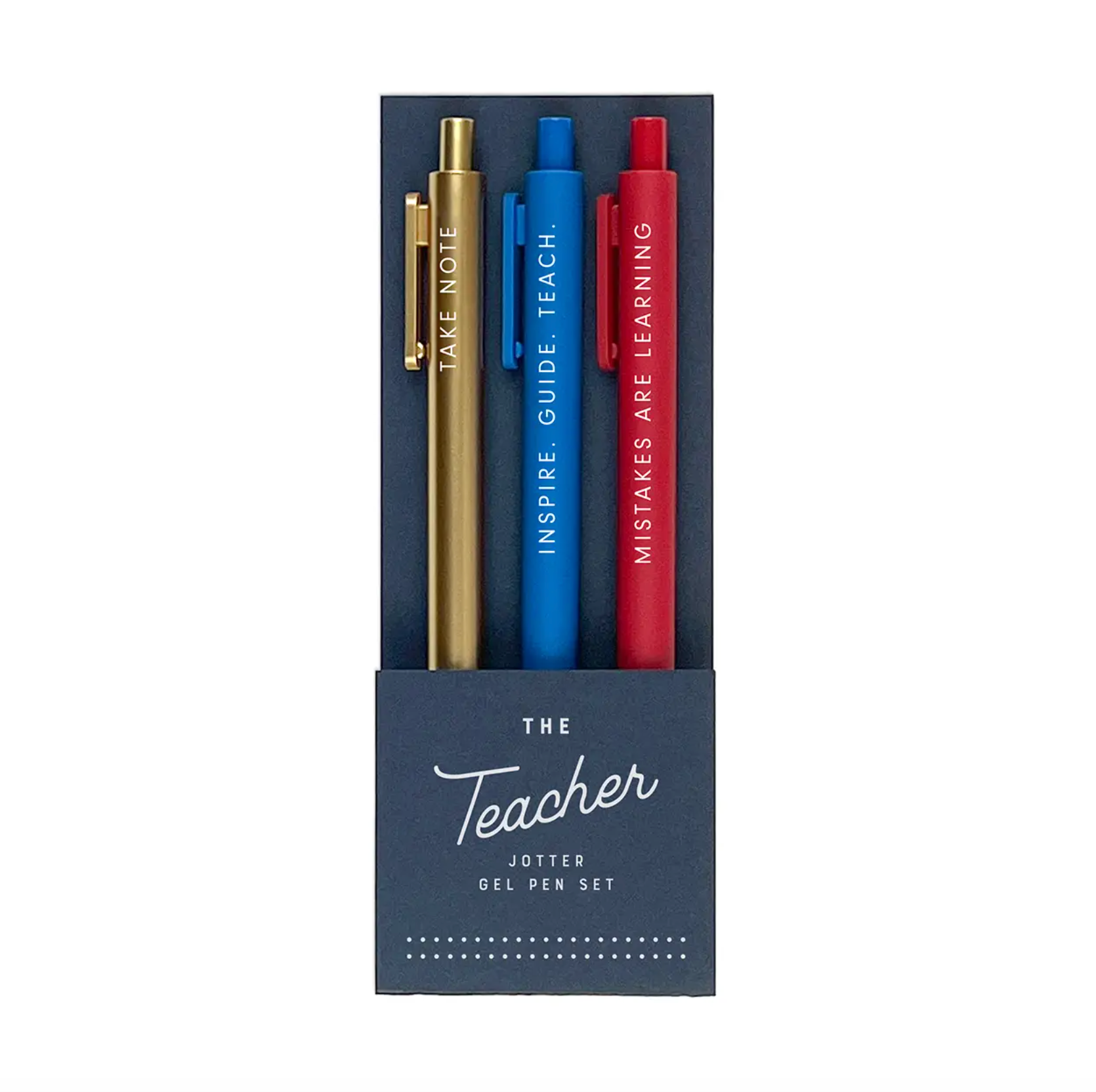 A boxed set of three gel pens in navy packaging, with one gold pen, one blue pen, and one red pen. The pens have white text reading 'TAKE NOTE', 'INSPIRE GUIDE TEACH', and 'MISTAKES ARE LEARNING'.